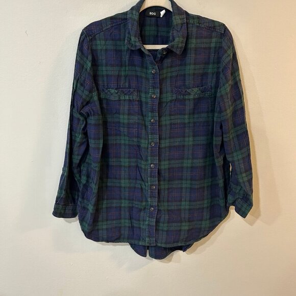 Urban Outfitters BDG Obie Flannel Button Down Plaid Shirt Navy Blue Green Medium - Picture 1 of 4